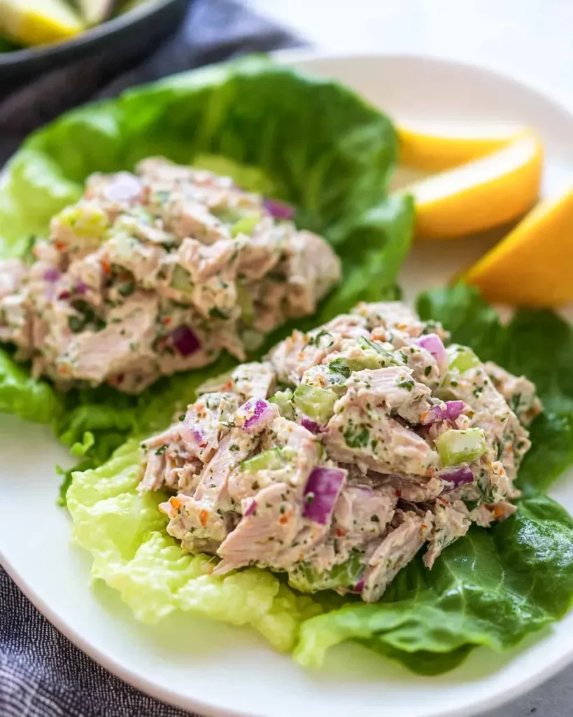 Keto Tuna Salad: The Ultimate Low-Carb Lunch Packed with Flavor 5 Classic keto tuna salad with red onion and celery on romaine lettuce cups