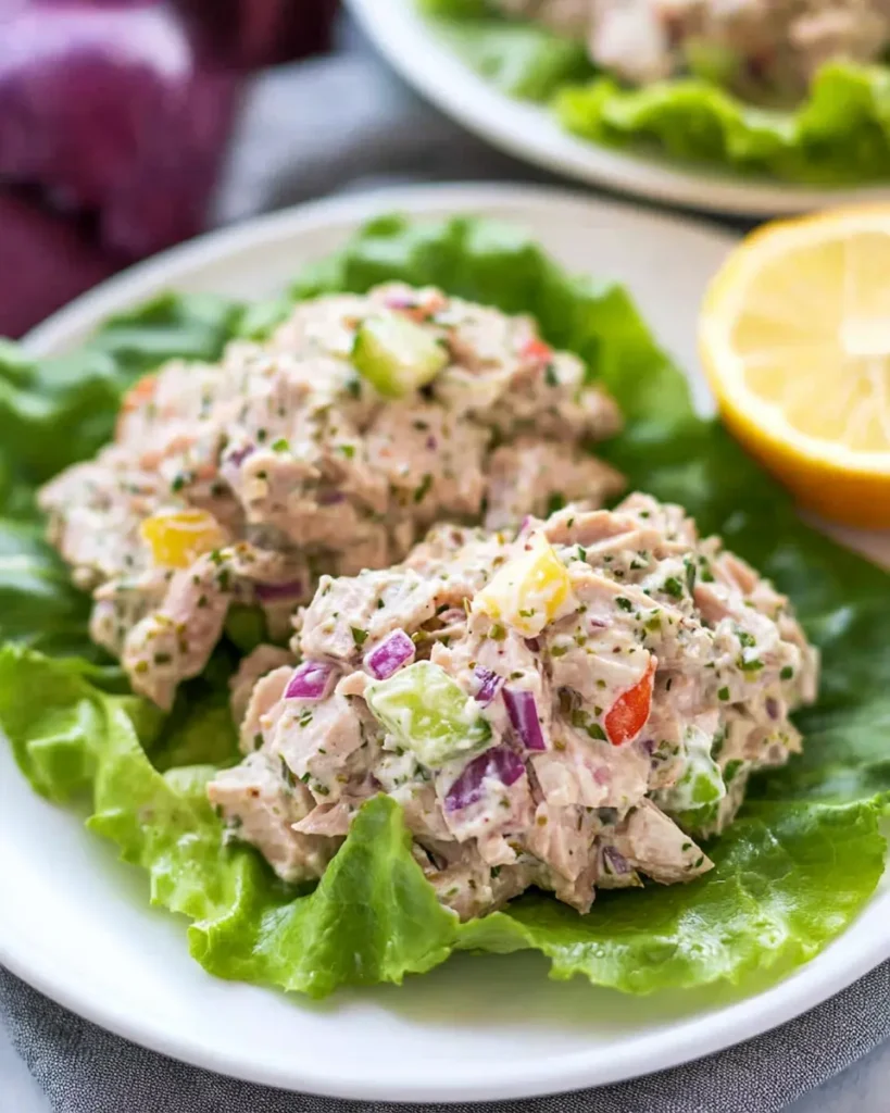 Keto Tuna Salad: The Ultimate Low-Carb Lunch Packed with Flavor 8 Creamy keto tuna salad with chopped vegetables and herbs on green lettuce leaves