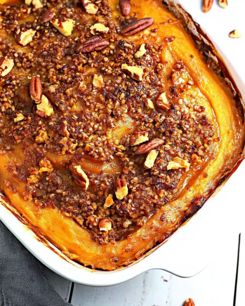 Keto Sweet Potato Casserole: The Best Low-Carb Holiday Side Dish 5 Golden keto sweet potato casserole topped with crunchy pecans in a white baking dish
