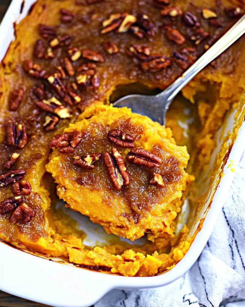 Keto Sweet Potato Casserole: The Best Low-Carb Holiday Side Dish 8 Spoon lifting keto sweet potato casserole from a baking dish, topped with toasted pecans