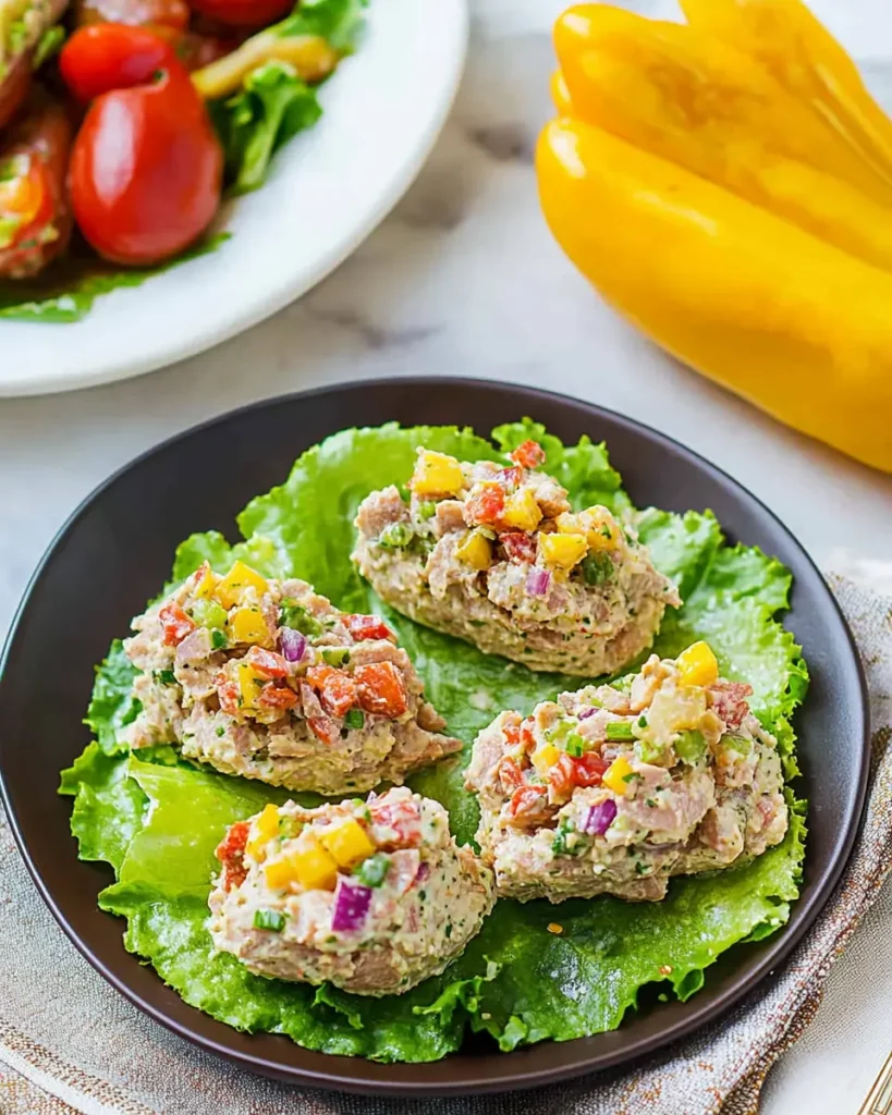 Keto Tuna Salad: The Ultimate Low-Carb Lunch Packed with Flavor 7 Colorful keto tuna salad with chopped bell peppers and herbs served on lettuce leaves