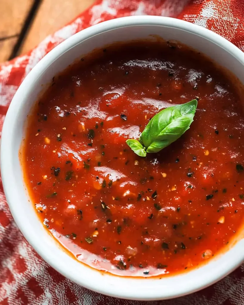 Quick Keto Pizza Sauce: The Best Low-Carb Pizza Sauce Recipes & Store-Bought Picks 8 Quick Keto Pizza Sauce in a white bowl over red cloth with fresh basil leaf garnish