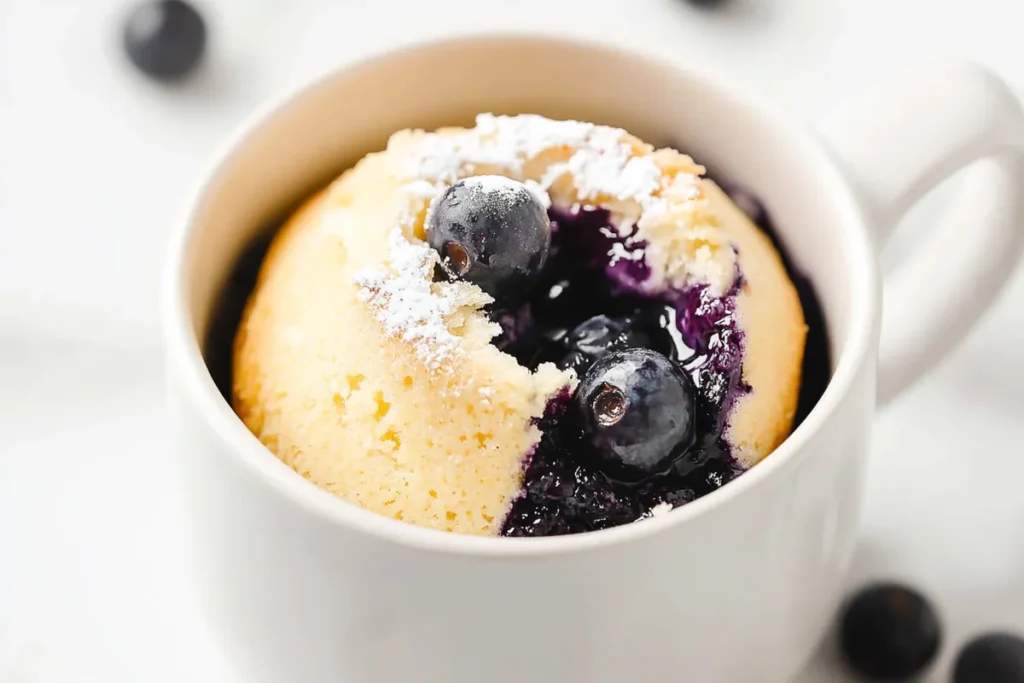 Keto Blueberry Mug Cake: Quick and Delicious Recipe 5 Side view of a keto blueberry mug cake in a white mug, filled with melted blueberries and topped with fresh berries and powdered sweetener.