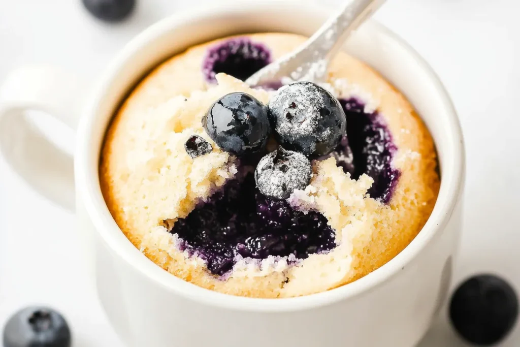 Keto Blueberry Mug Cake: Quick and Delicious Recipe 4 A fluffy keto blueberry mug cake in a white mug topped with fresh blueberries and powdered sweetener.