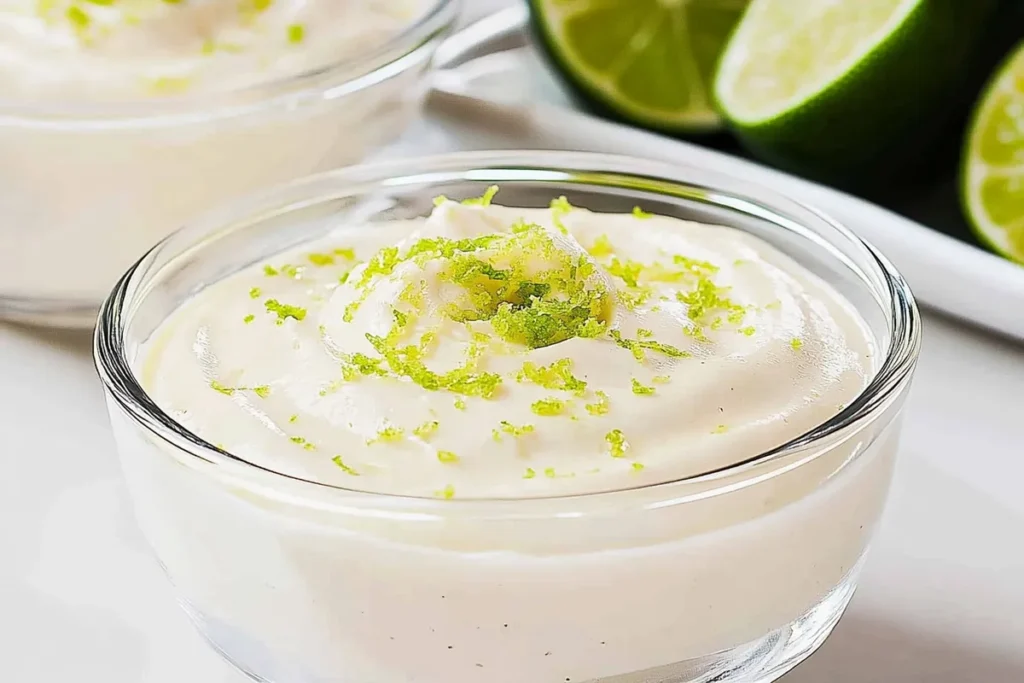 Keto Key Lime Pie Mousse: A Creamy Low-Carb Delight 4 Creamy keto key lime pie mousse topped with lime zest in a clear glass dessert bowl.