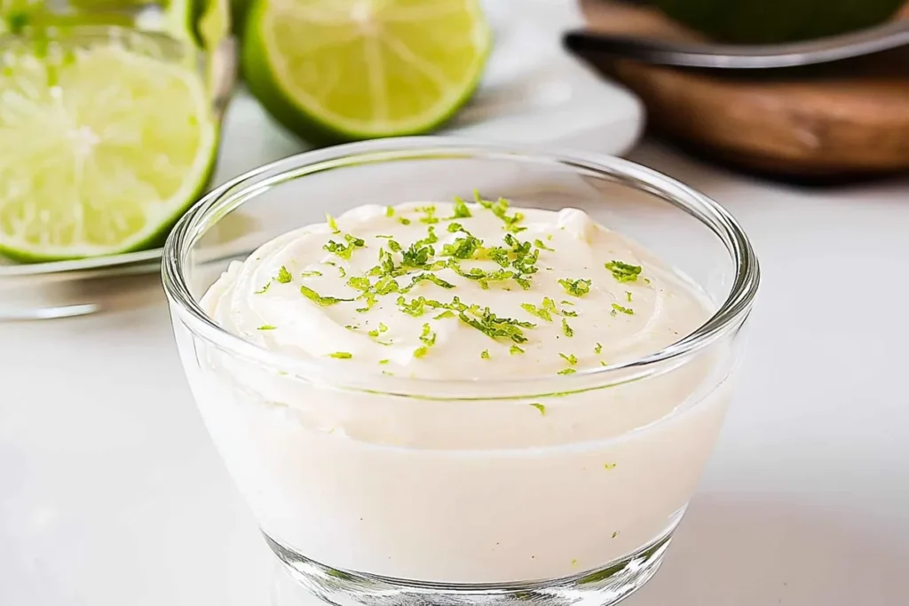 Keto Key Lime Pie Mousse: A Creamy Low-Carb Delight 5 A single serving of keto key lime mousse in a clear bowl topped with grated lime zest, surrounded by halved limes.